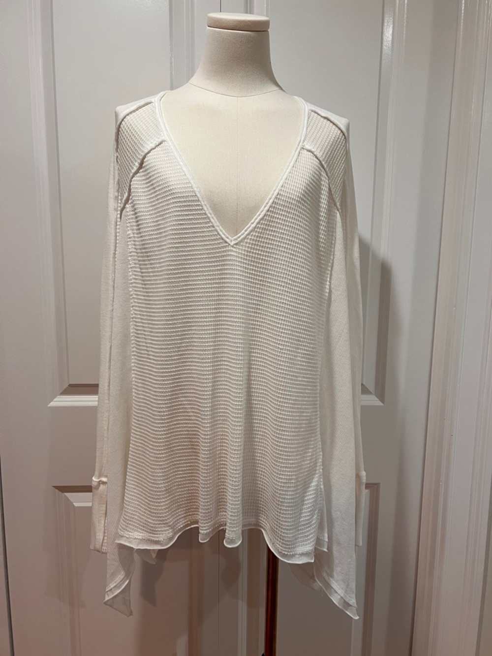 Free People White V-Neck thermal 
Lightweight Waffle Knit Top